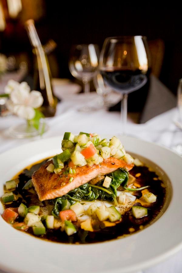 Miso glazed salmon fillet with garnish